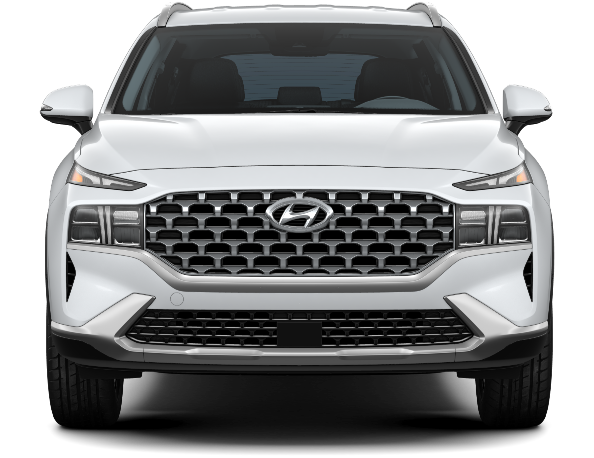 Front view of a white Hyundai Santa Fe.