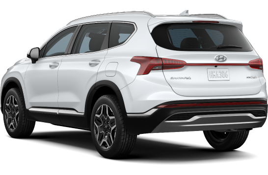 Rear 3/4 view of a white Hyundai Santa Fe.