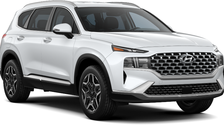 Front 3/4 view of a white Hyundai Santa Fe.