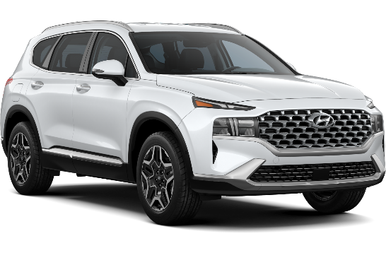 Front 3/4 view of a white Hyundai Santa Fe.