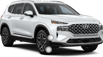 Front 3/4 view of a white Hyundai Santa Fe.