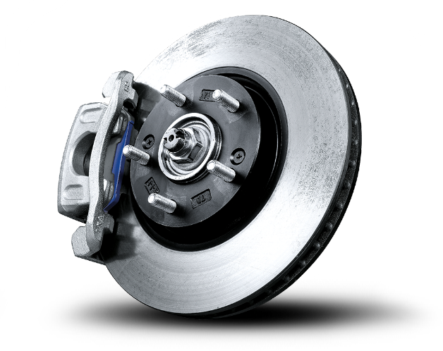 Close-up of a vehicle brake rotor and caliper assembly.