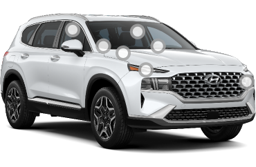 Front 3/4 view of a white Hyundai Santa Fe.