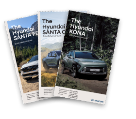 Hyundai Santa Fe, Santa Cruz, and Kona vehicle manuals displayed side by side