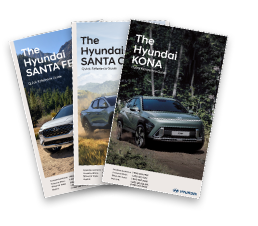 Hyundai Santa Fe, Santa Cruz, and Kona vehicle manuals displayed side by side