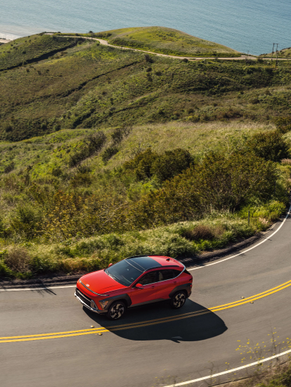 Close-up view of the side of a red Hyundai SUV with black alloy wheels, set against a scenic background.