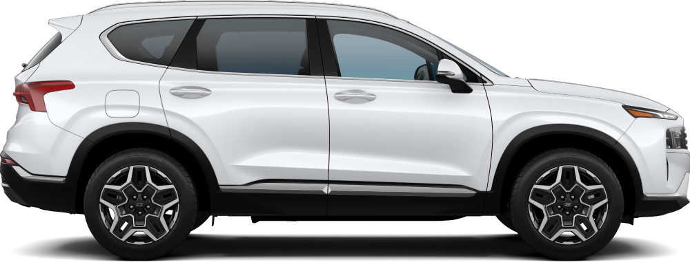 Passenger side profile of a white Hyundai Santa Fe.