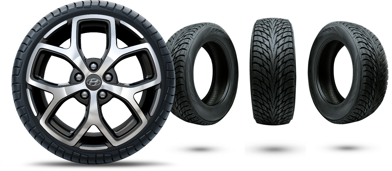 Close-up view of a Hyundai alloy wheel and tire, shown from multiple angles, highlighting the tire's tread and the wheel design.