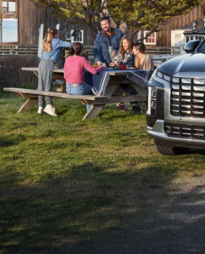 Family enjoying a picnic next to a black Hyundai SUV parked by the water.