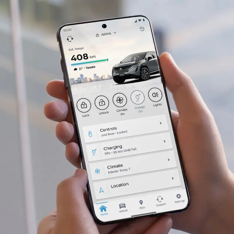 Mobile phone screen displaying Nissan vehicle app showing detailed car info