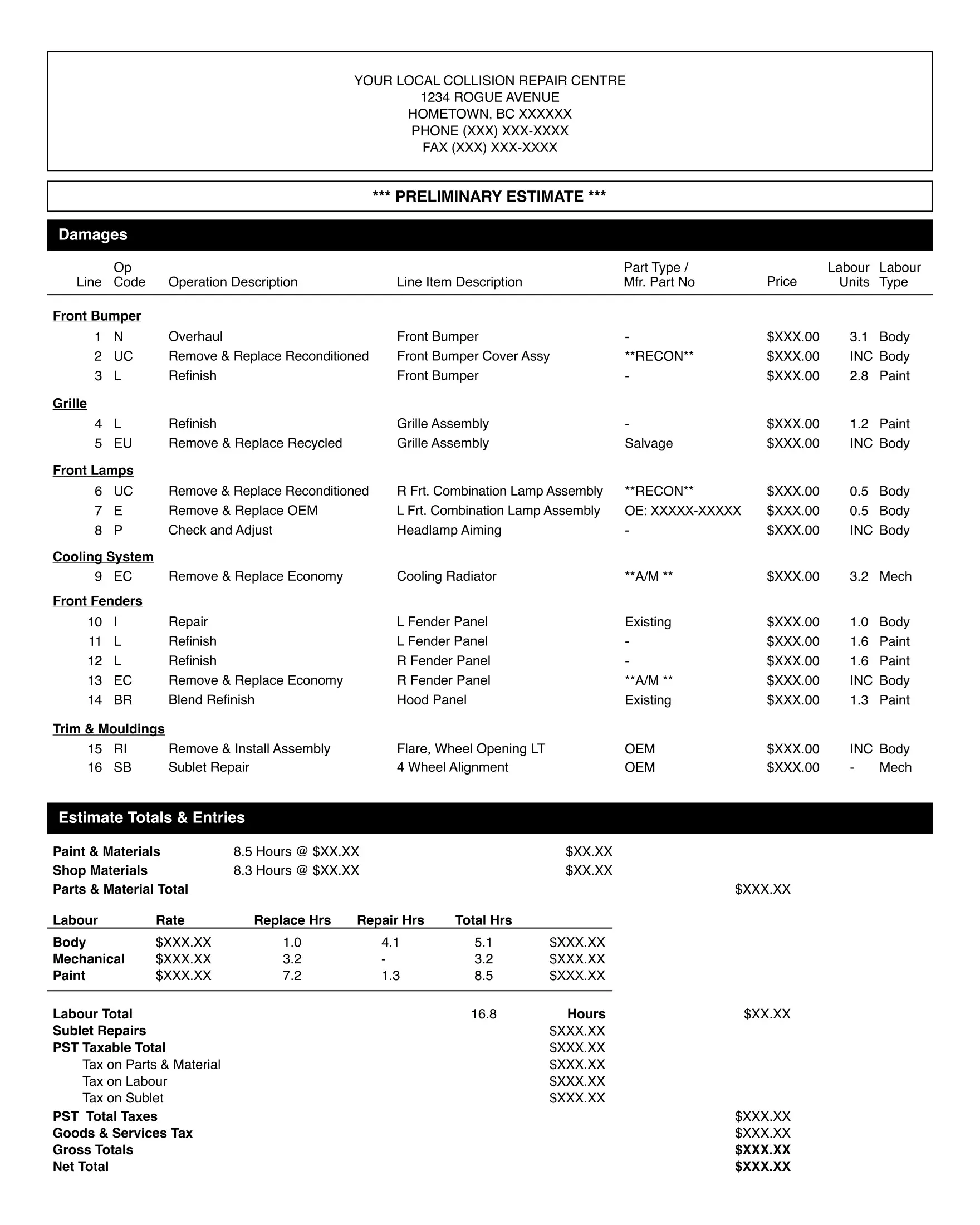 Collision repair centre preliminary estimate.