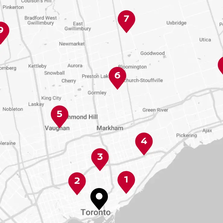 Map showing Toronto area with red markers numbered 1 to 9, indicating various locations.