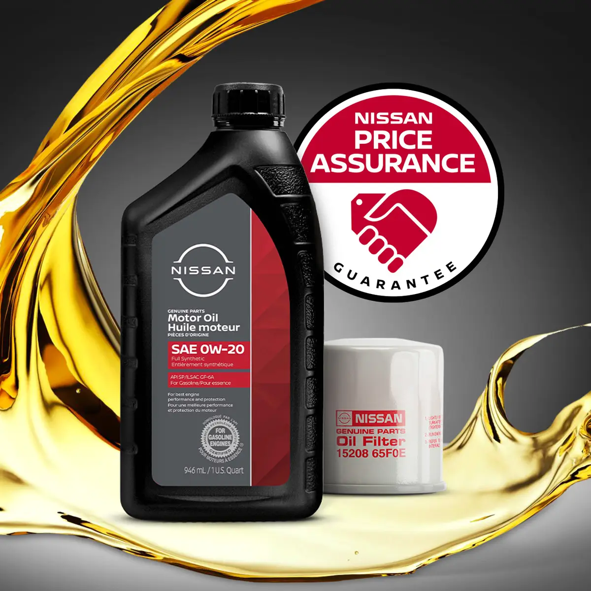 Nissan Price Assurance logo next to Engine oil quart canister with oil filter