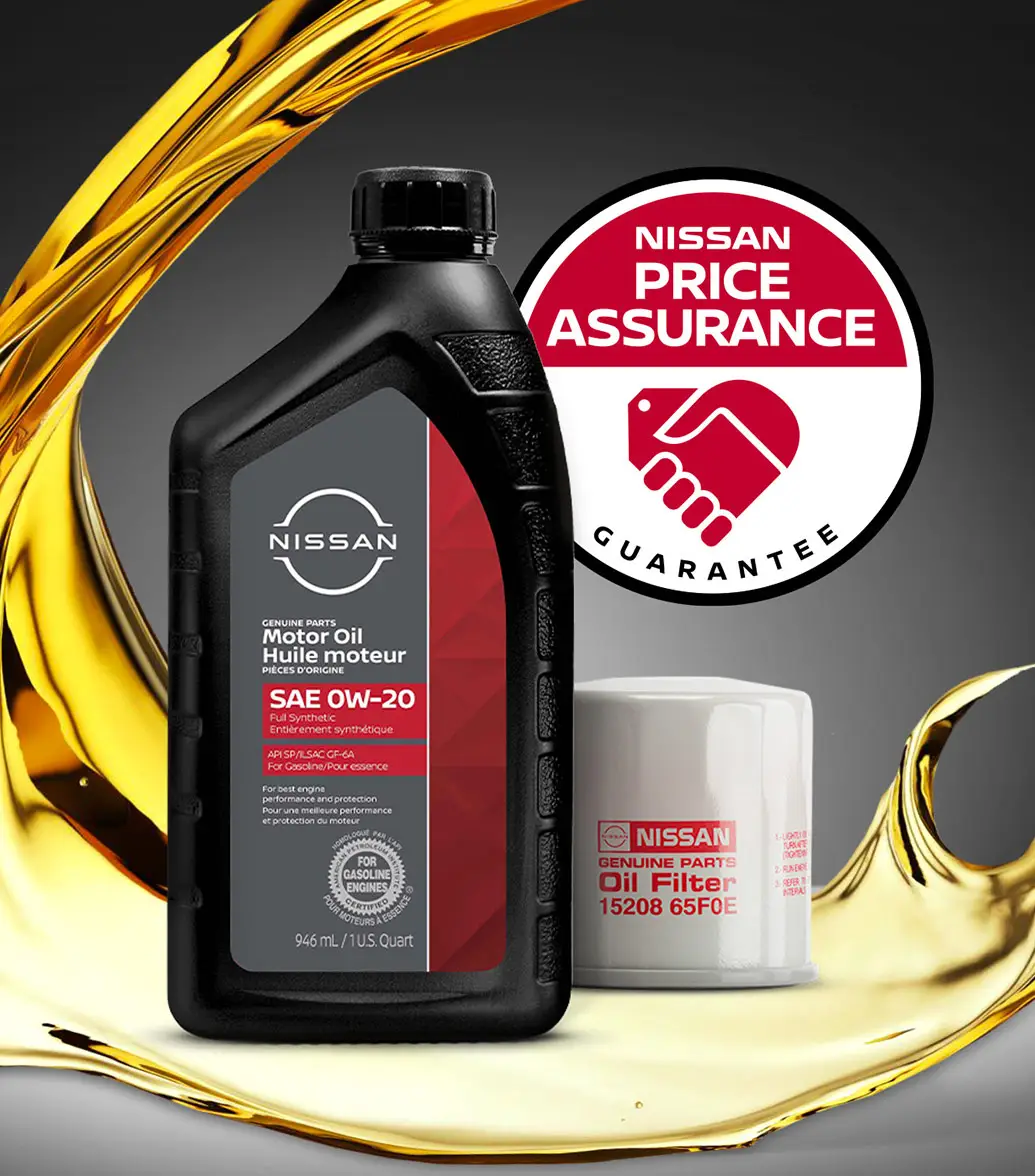 Nissan Price Assurance logo next to Engine oil quart canister with oil filter