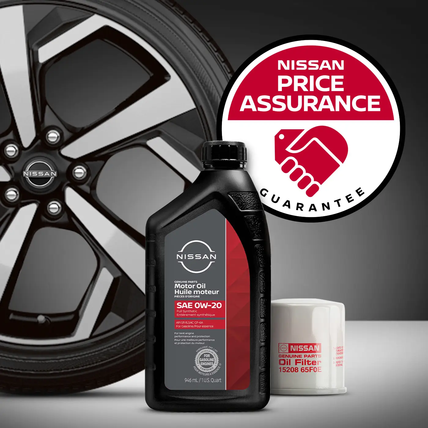 Nissan Price Assurance logo next to tire, engine oil quart and oil filter