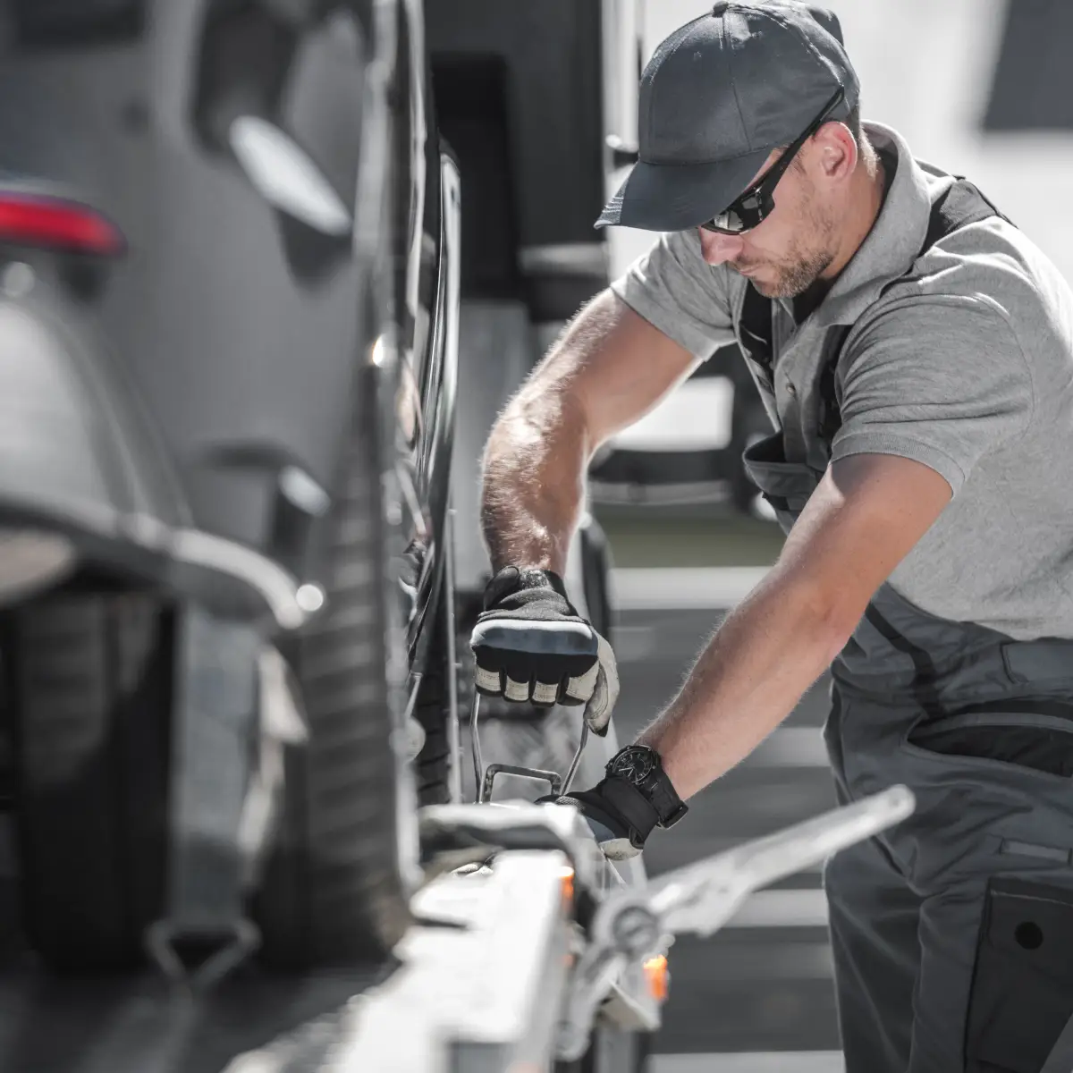 Man in a cap and gloves securing a car onto a tow truck.