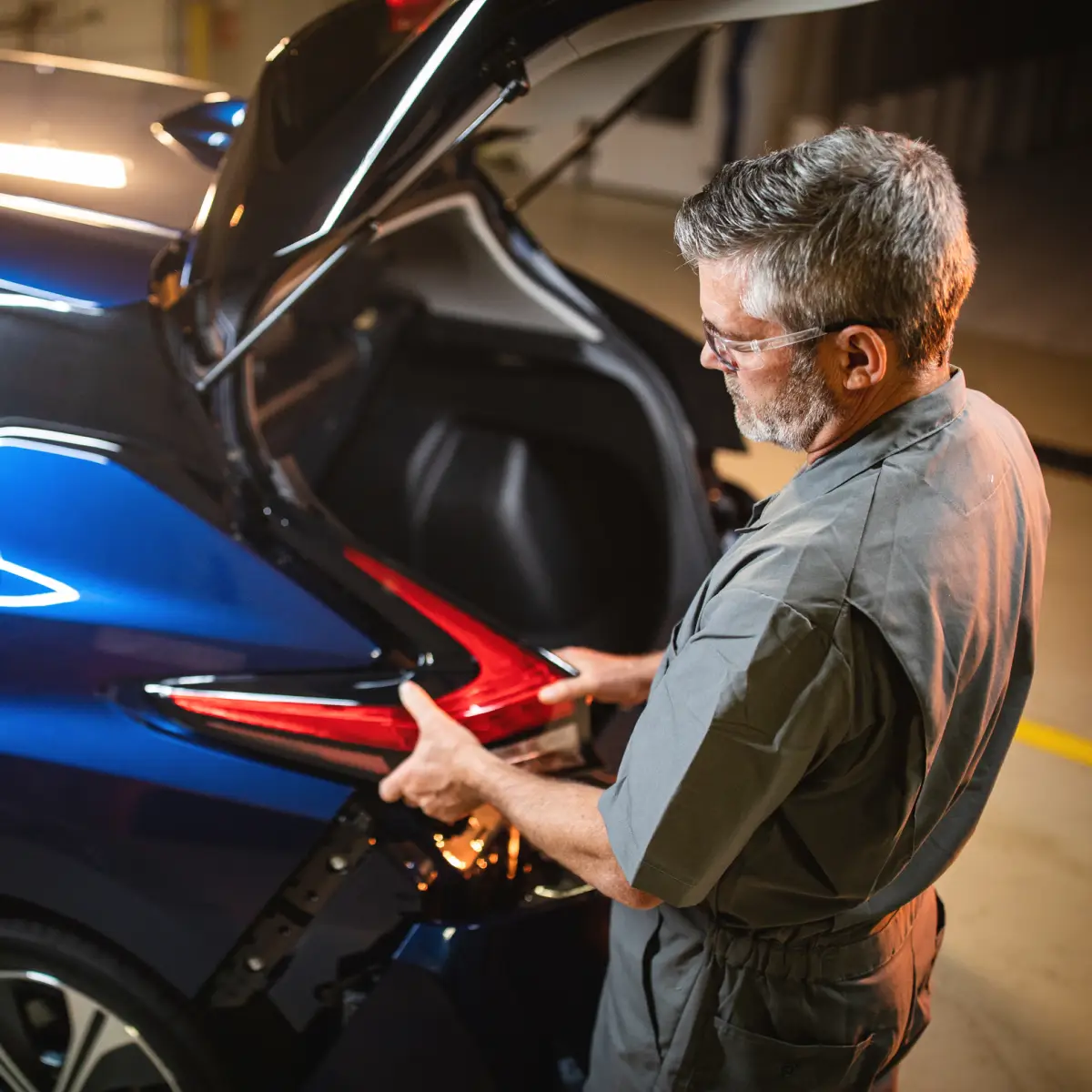 Mechanic adjusting the taillight of a blue car in a garage.